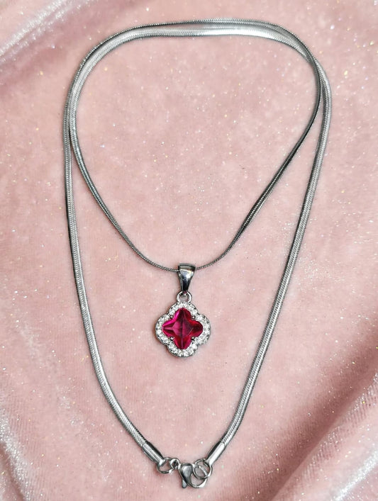Silver Red Ruby Clover Necklace Tarnish
