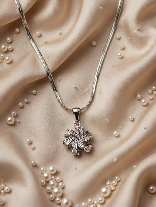 Silver Twisted Bow Pendant Necklece-Diamond Pinwheel