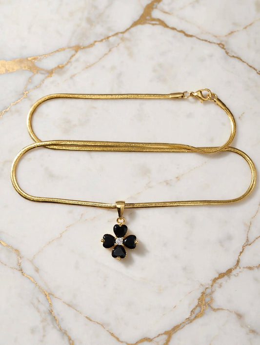Golden Black Clover Pendant Necklace-4 Leaf Heart Clover