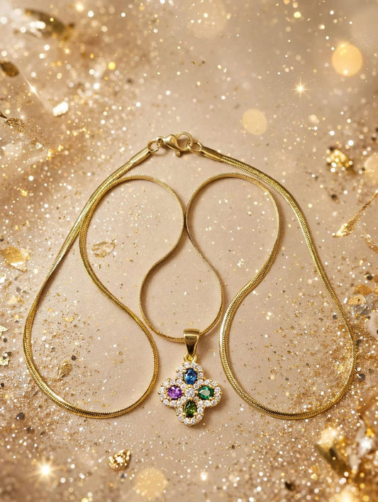 Golden Multi Color lover Pendant Necklece-Lucky 4-Leak Design