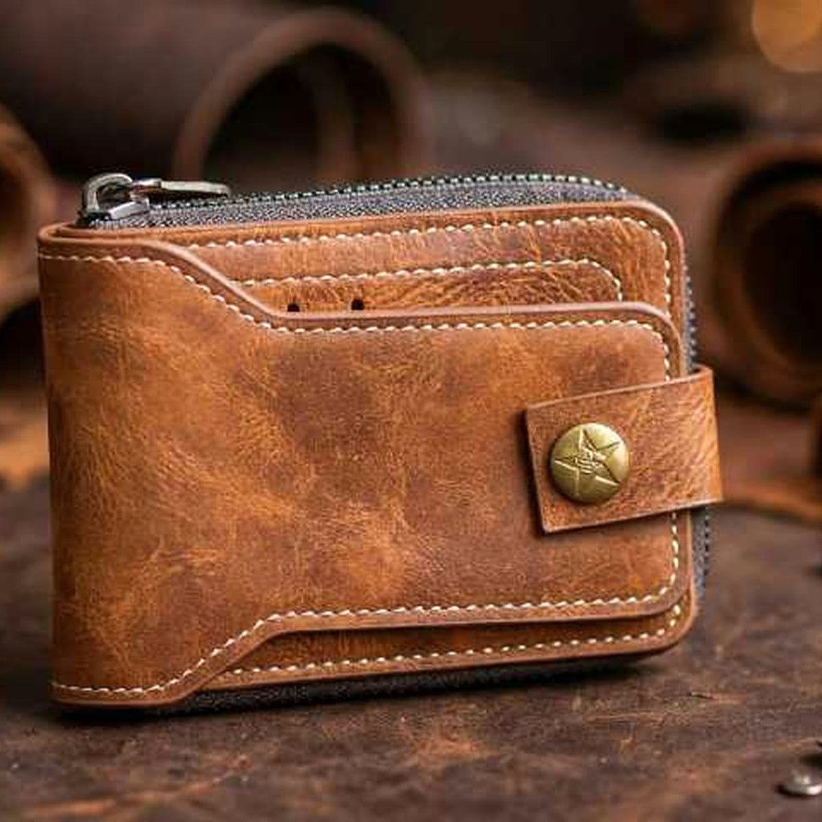 Vintage Leather Wallet For Men | Zipper Wallet With Box | Retro Wallet